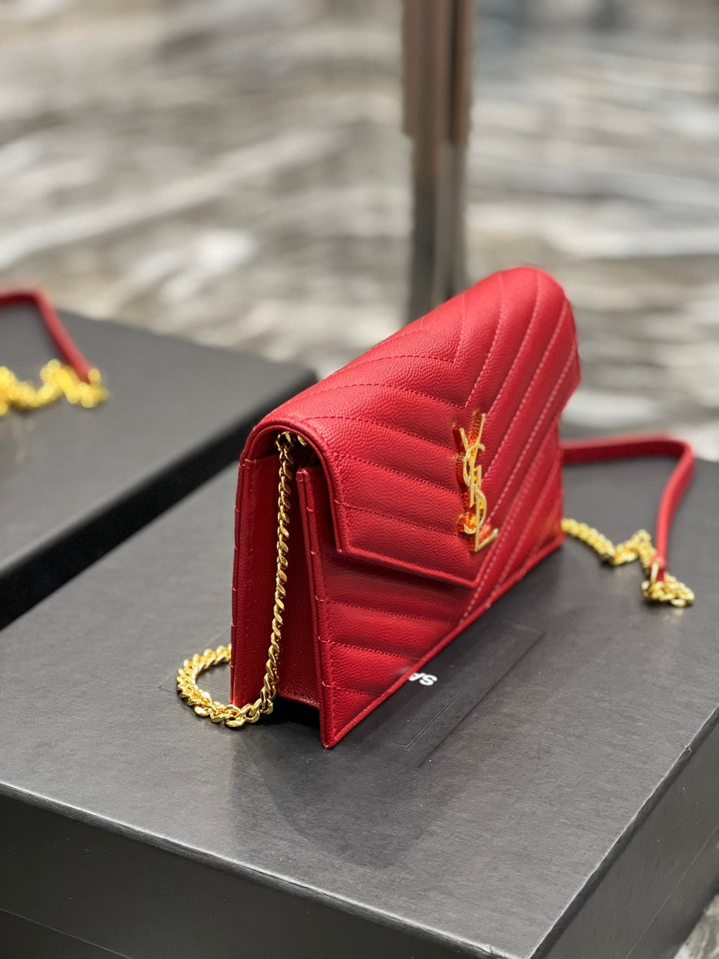 Saint Laurent Yl WOC 19 Red Cheveron Caviar Gold Hardware