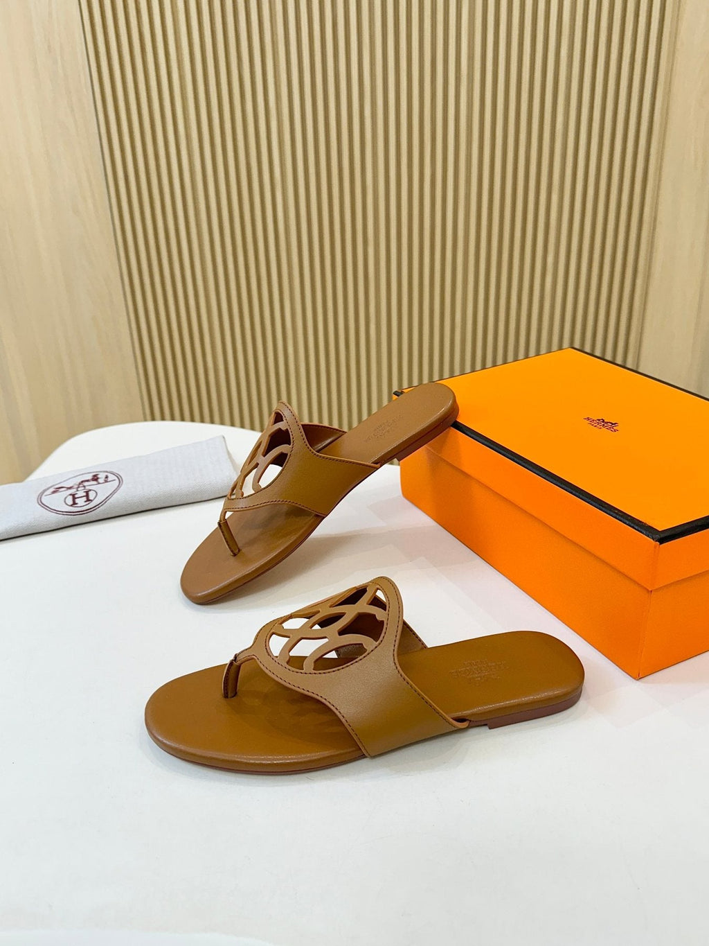 Hermès Tan Brown Cutout Thong Sandals — front